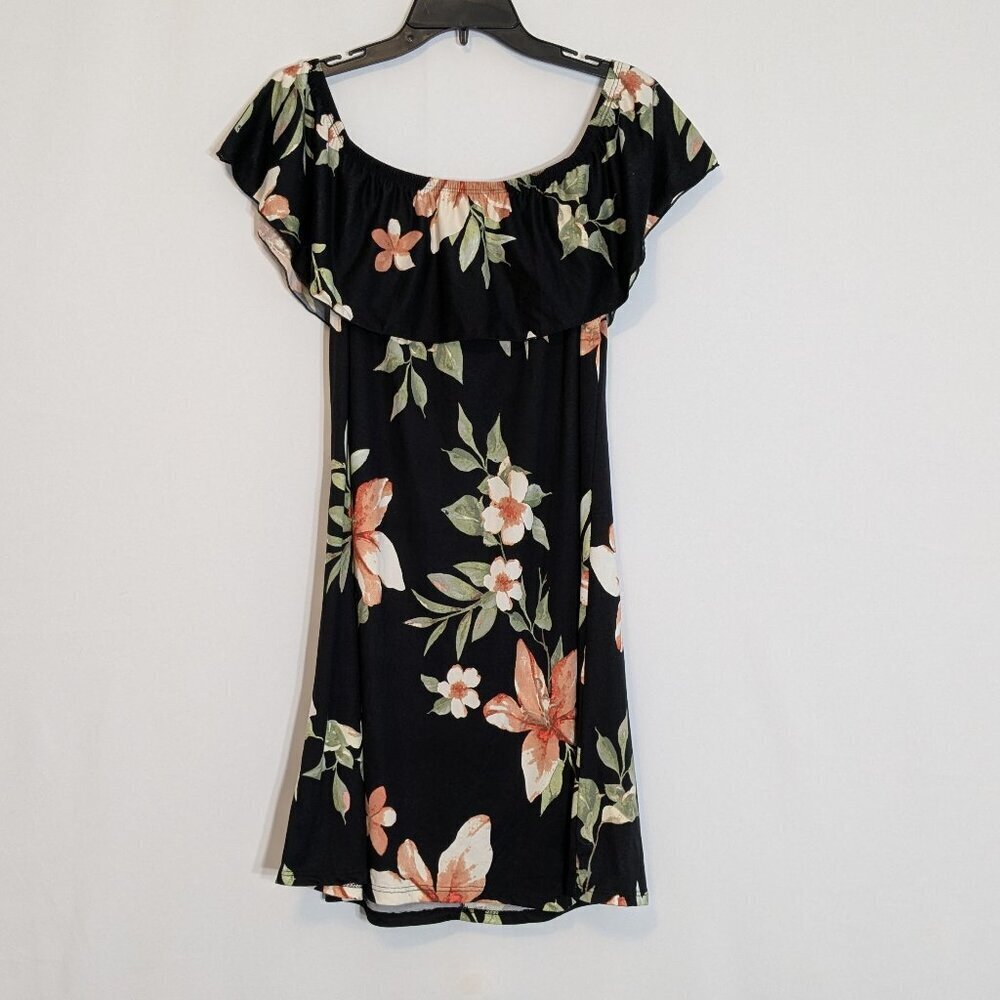 ABSOLUTE ANGEL Black/Pink Floral Off-Shoulder w Ruffle Short Flared Dress Size M